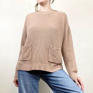 Loft Tan Ribbed Knit Pocket Front Sweater
